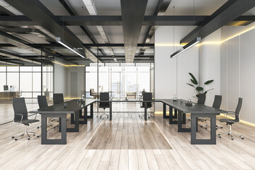 Modern meeting room interior with furniture, wooden flooring and window with city view and daylight. 3D Rendering.
