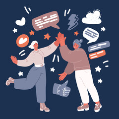 Fototapeta premium Vector illustration of Happy people giving high five. Friends greeting or supporting each other. Informal hi gesture. Concept of friendship, partnership and success. Granny and granddaughter