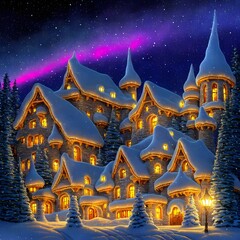 Xmas yellow lighted house in snows