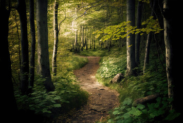 Beautiful photograph of a wooded area with a short trail running through it.. Generative AI