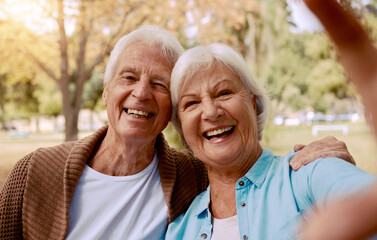 Love, smile and selfie with old couple in park for bonding, relax and affection together. Retirement, nature and happy with portrait of man and woman in garden for happiness, summer and relationship