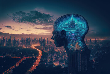Obraz na płótnie Canvas The idea of developing coding and high tech scientific double exposure is depicted by a brain hologram over a panoramic city view of Bangkok, the largest research hub in Asia.. Generative AI