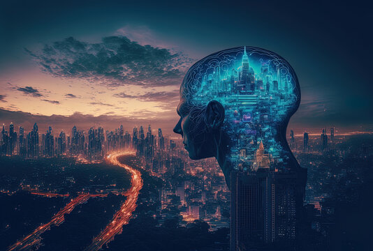 The Idea Of Developing Coding And High Tech Scientific Double Exposure Is Depicted By A Brain Hologram Over A Panoramic City View Of Bangkok, The Largest Research Hub In Asia.. Generative AI