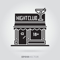Obraz premium Night club glyph icon. Cute little bar facade symbol. Solid black EPS 10 vector adult entertainment location building.