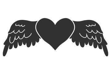 Angel wings with heart in cartoon style isolated on white background, design element for decoration.