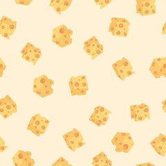 cartoon cheese seamless pattern. Vector cubes of yellow cheese in flat style isolated on yellow background