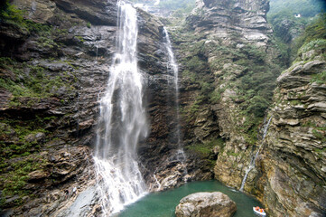 The famous Sandiquan Waterfall in Lushan Mountain, Jiujiang City, Jiangxi Province, China, has the...