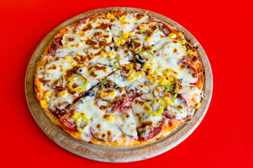 Delicious mixed pizza with rich content. Menu concept of choice and diversity. Karisik pizza