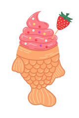 Taiyaki  fish-shaped cake with strawberry ice cream. Asian food.