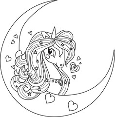 The head of a unicorn with a long mane on the moon. black and white linear drawing
