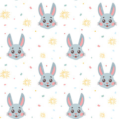 Cute seamless pattern with little Hare face, confetti and fireworks. Vector illustration in cartoon style. Chinese new year pattern.