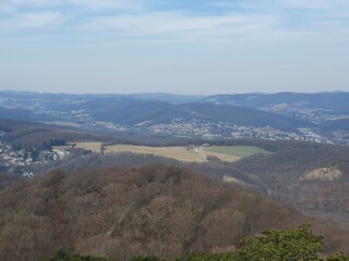 Fototapeta na wymiar Wonderful wide panoramic view from Giesshuebl in Lower Austria into the valley: Wiener Becken, Moedling, Baden. 
