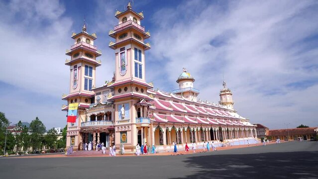 Architecture outside holy temple was built in 1926, this is center of church tower officially a tourists to visit and admire in Tay Ninh, Vietnam