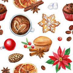 Pattern sweet Christmas. Watercolor gingerbread, cupcakes, cinnamon. New Year seamless pattern