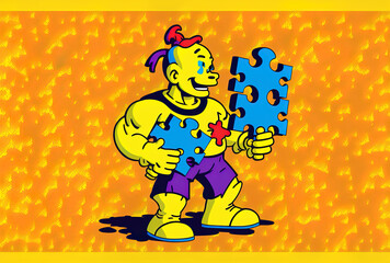 On a yellow background, a character mascot selling something or offering a discount holds four colorful jigsaw puzzle pieces.. Generative AI
