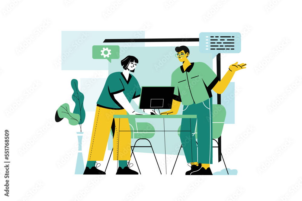 Poster programming green concept with people scene in the flat cartoon style. programmer thinks about creat