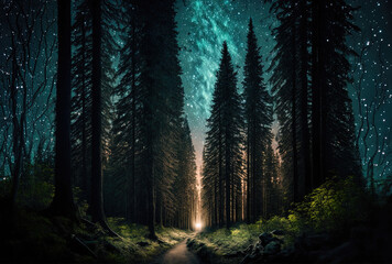 a path through a forest of evergreen trees and a starry sky. Generative AI