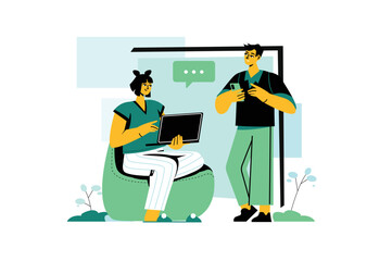 People use gadgets green concept with people scene in the flat cartoon design. Boy and girl spend a lot of time with their gadgets. Vector illustration.