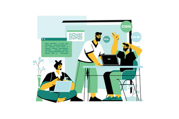 Coding green concept with people scene in the flat cartoon design. Programmers work together on the office and write programming code. Vector illustration.