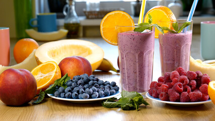 Raspberry Blueberry Melon Smoothie into a glasses on the background of fresh fruits