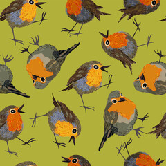 Vector seamless pattern with little birds with brights feathers on soft green background.