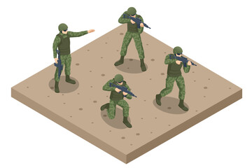 Isometric Attack Soldiers. Special force crew. Military concept for army, soldiers and war. Soldier holding a rifle