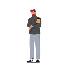 Mature Male Character with Coffee Cup in Hand Stand with Unhappy Face. Man Feel Sadness, Negative Emotions