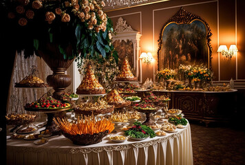 Fototapeta na wymiar Impressive buffet in the wedding hall with a Ukrainian table. Generative AI