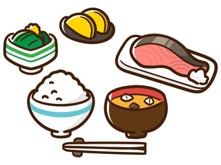 日本らしい朝食の手書き風デフォルメイラスト