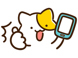 スマホを持ってグッドポーズをするかわいいねこのキャラクターの手書きイラスト