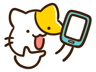 自慢げにスマホをもつかわいいねこの手書き風イラスト