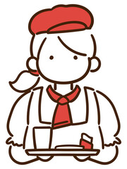 お水を運んでくるウェイトレスの女性のおしゃれな線画イラスト