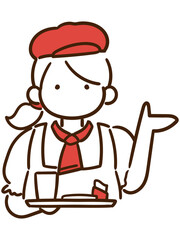 メニューの説明をするウェイトレス女性のおしゃれな線画イラスト