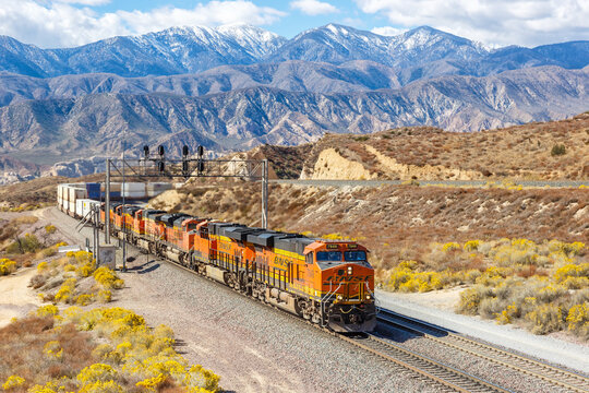 BNSF Railway freight train at Cajon Pass near Los Angeles, United States