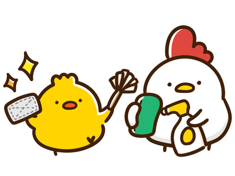 大掃除するにわとりひよこ親子のかわいい手書き風イラスト