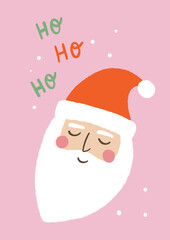Simple Style Hand Drawn Santa Claus Cartoon Character On Pink Background And ”Ho, Ho, Ho”  Handlettering. Ideal For Holiday Poster, Greeting Card Or T-Shirt Print. Isolated Elements.