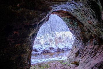 Gudzona cave One of the deepest caves in Latvia 27m on a winter day, Mazsalaca, Latvia.