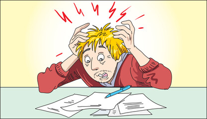 Business male feeling stress having problem at work. Nervous guy at workplace