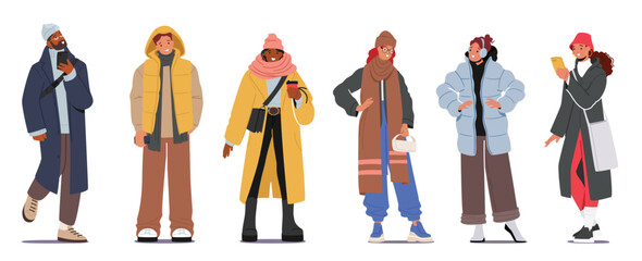 People Perform Winter Fashion Concept. Male and Female Characters Wear Warm Clothes Isolated on White Background