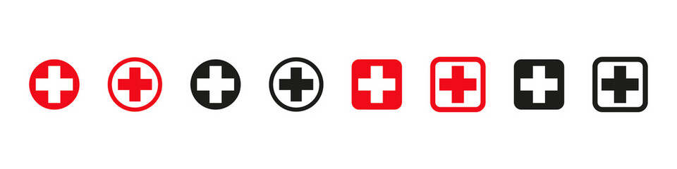 Red cross icon. Medical first aid sign. Emergency hospital logo. Isolated on white background.
