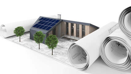 Bauplanung an einem öffentlichen  Gebäude mit Solarmodulen - 3D Visualisierung - 551773583