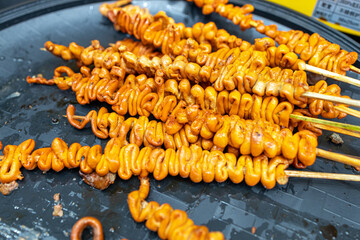 Popular Filipino street food chicken intestines Isaw