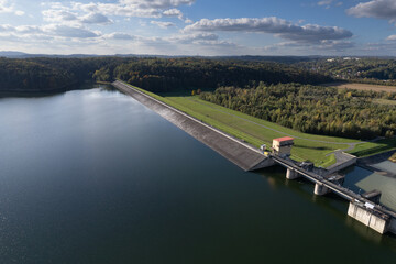 Dobczyce water dam, hydroelectric power plant, reservoir, aerial view. Lake Dobczyce, Raba river. Zapora Dobczyce