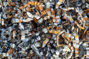 Turning and miling industry scrap of steel background,Small roughness sharpness,Steel scrap materials recycling