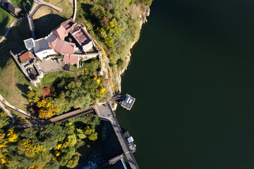 Dobczyce Castle aerial view, Dam, Lake Dobczyce by drone, aerial view panorama, the Raba river Dam eagle's eye