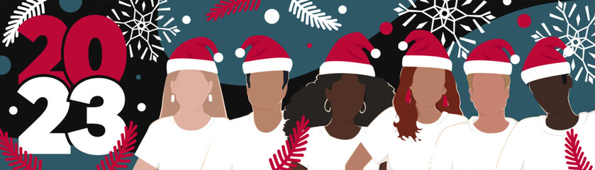Happy New Year 2023 long horizontal banner. A group of diverse people wearing Santa hats. Modern Christmas flat illustration.