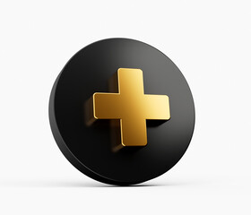 Obraz premium 3d Gold and black circle with plus on the white background. 3d illustration