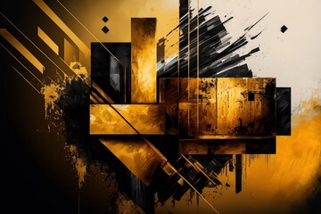 acrylic painting layering squares and rectangles as abstract gold and black wallpaper background. illustration art. Generative AI.