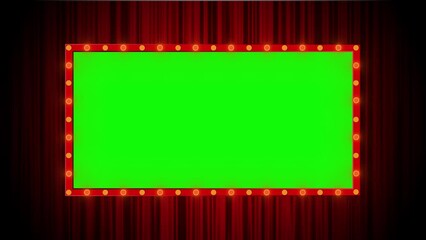 Retro Light Frame with Red Curtain Background. Frame panel with flashing lights with stage curtain in the background. Frame for concert, stage, photos, presentation, theater