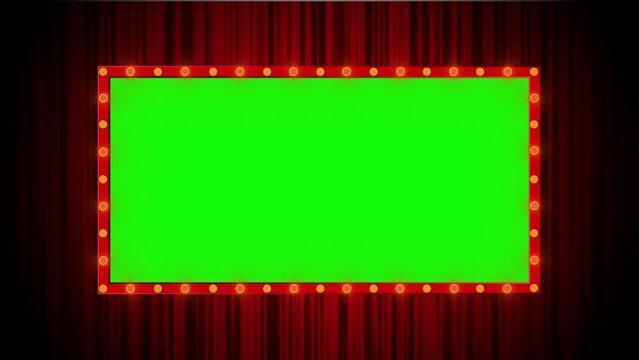 Retro Light Frame with Red Curtain Background. Frame panel with flashing lights with stage curtain in the background. Frame for concert, stage, photos, presentation, theater
